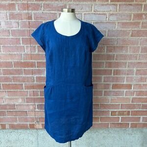 J. Jill Love Linen Shift Dress Cobalt Blue Scoop Neck Pockets Womens M